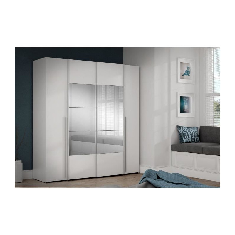 Armoire NARAGO - Décor Blanc mat - 2 portes coulissantes + miroir + 2 portes battantes + 2 penderies - L200 x P61 x H210 cm