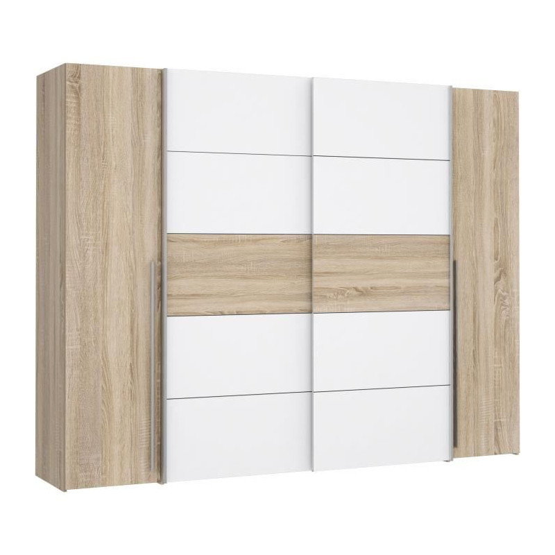 Armoire NARAGO - Décor Chene Sonoma et blanc mat - 2 portes coulissantes + 2 portes battantes - L270 x P61 x H210 cm