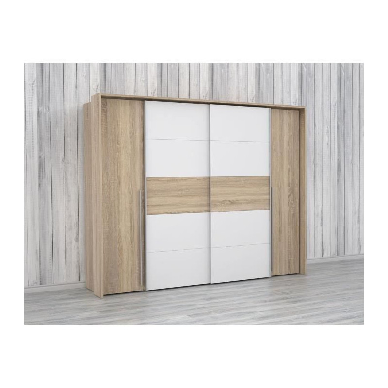 Armoire NARAGO - Décor Chene Sonoma et blanc mat - 2 portes coulissantes + 2 portes battantes - L270 x P61 x H210 cm