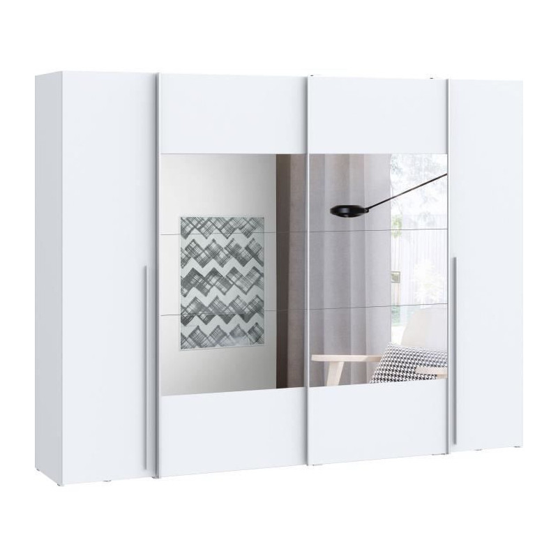 Armoire NARAGO - Décor Blanc mat - 2 portes coulissantes + miroir + 2 portes battantes + 2 penderies - L270 x P61 x H210 cm