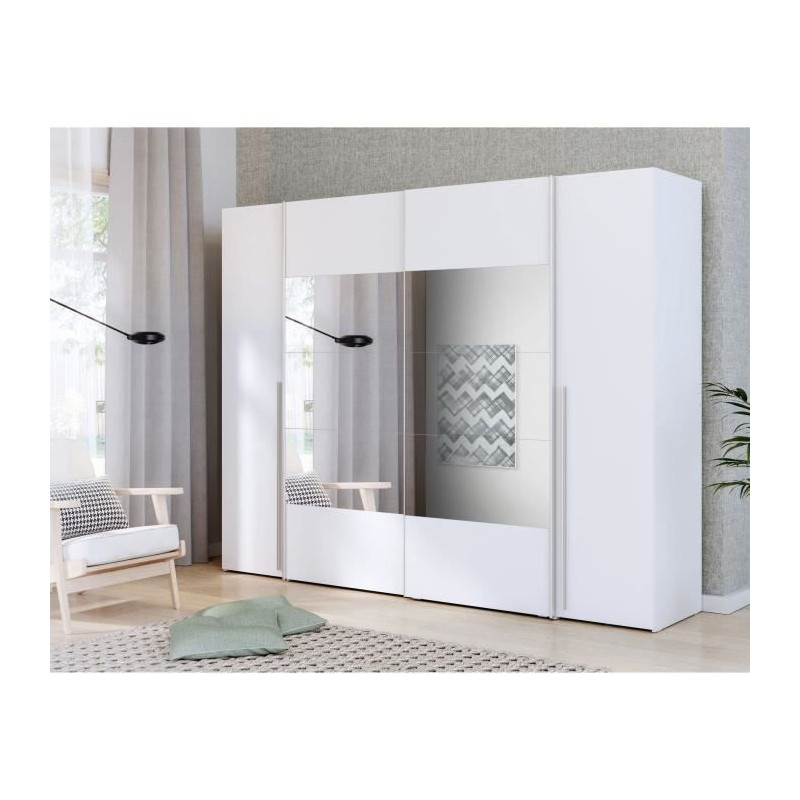 Armoire NARAGO - Décor Blanc mat - 2 portes coulissantes + miroir + 2 portes battantes + 2 penderies - L270 x P61 x H210 cm