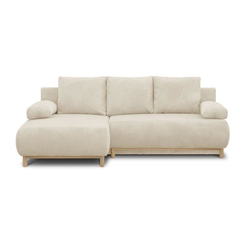 Canapé d'angle gauche convertible MIKA 3 places - Velours côtelé beige - Coffre de rangement - L218 x P98/145 x H84 cm