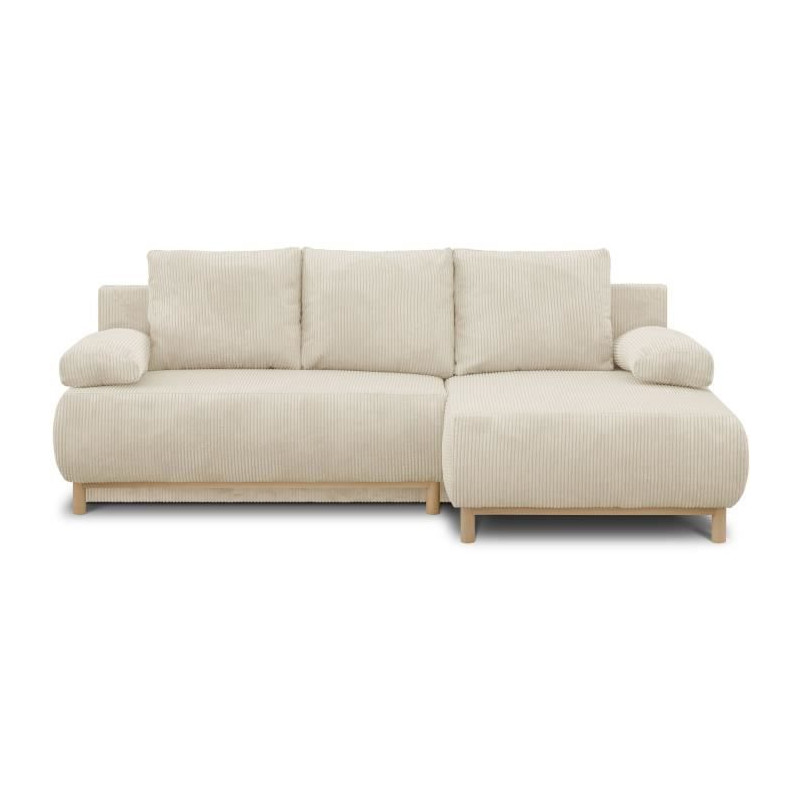 Canapé d'angle droit convertible MIKA 3 places - Velours côtelé beige - Coffre de rangement - L218 x P98/145 x H84 cm