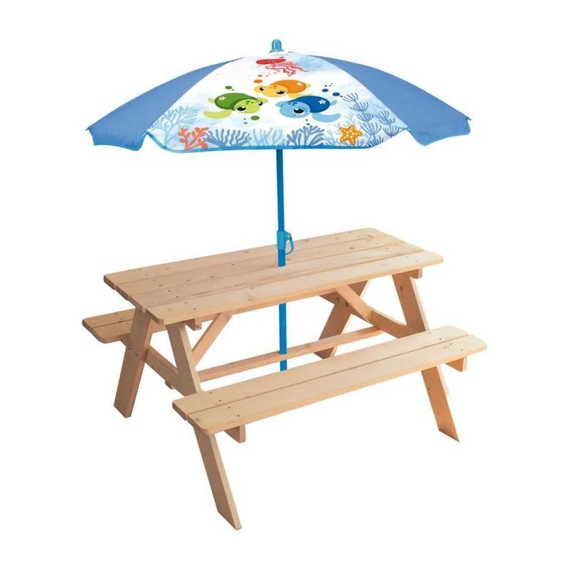 Mobilier de jardin - FUN HOUSE - Table pique-nique en bois Ma Petite Carapace H.53xL.95xP.100 cm avec parasol tortue H.125x100 c