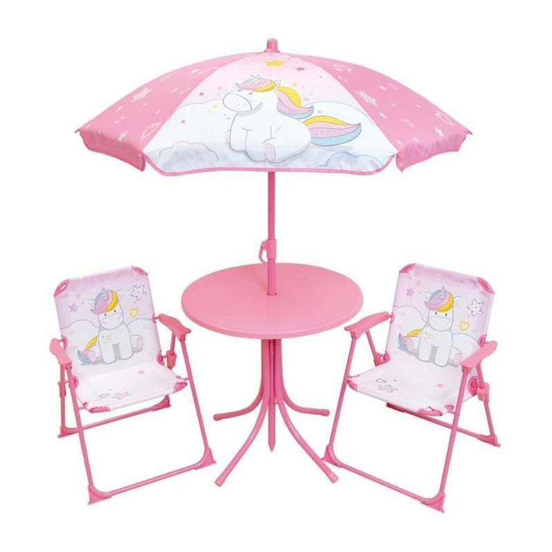 Mobilier de jardin - FUN HOUSE - Salon de jardin Licorne : Table H.46 x 46 cm, 2 chaises pliantes, parasol H.125 x�100 cm