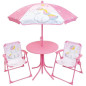 Mobilier de jardin - FUN HOUSE - Salon de jardin Licorne : Table H.46 x 46 cm, 2 chaises pliantes, parasol H.125 x�100 cm