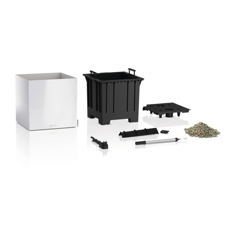 Pot de fleur LECHUZA Canto Premium Cube 40 - kit complet LED, blanc brillant