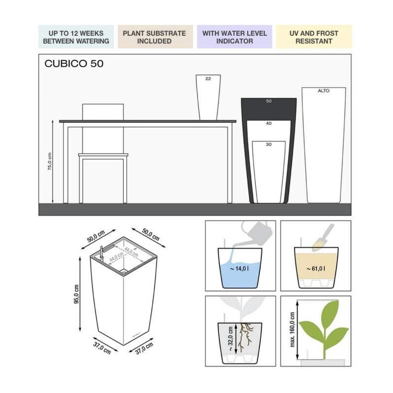 Pot de fleur - LEC - Cubico Premium 50 - argent métallisé - résistant aux intempéries