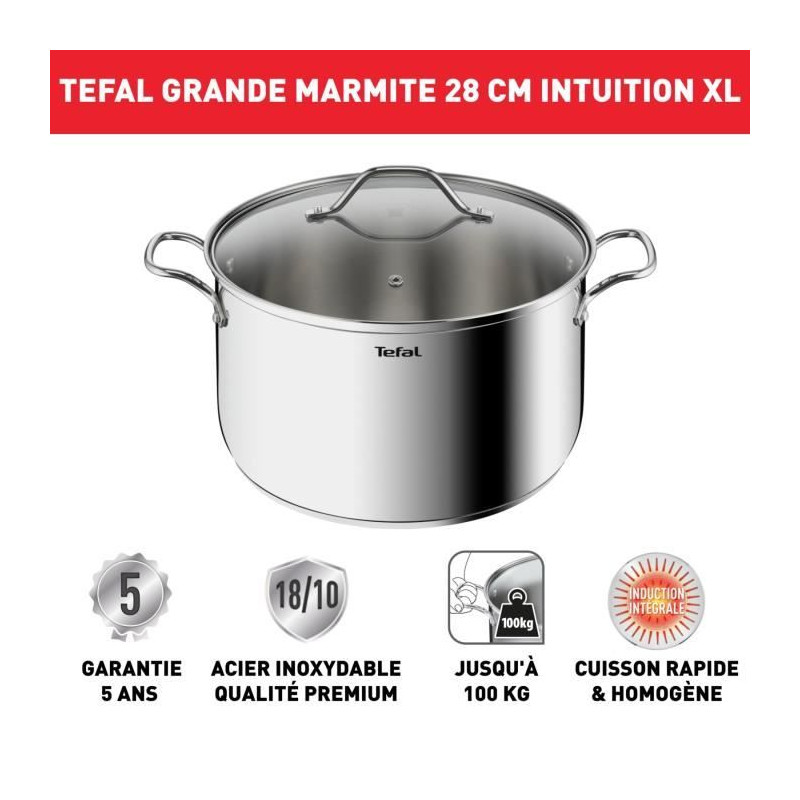 TEFAL B8646404 Marmite 28 cm inox, Tous feux dont induction, 8L, Poignées robustes, Couvercle verre, Intuition XL