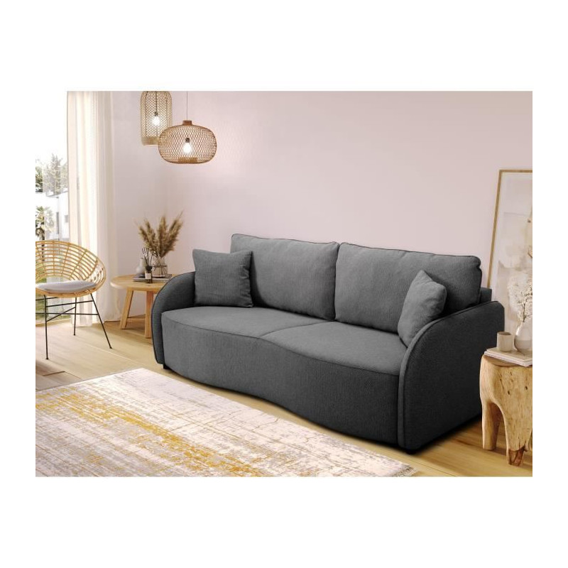 Canapé convertible BARI 3 places - Tissu anthracite - Coffre de rangement - L215 x H89 x P100 cm