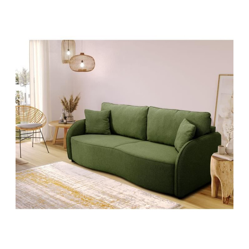 Canapé convertible BARI 3 places - Tissu olive - Coffre de rangement - L215 x H89 x P100 cm