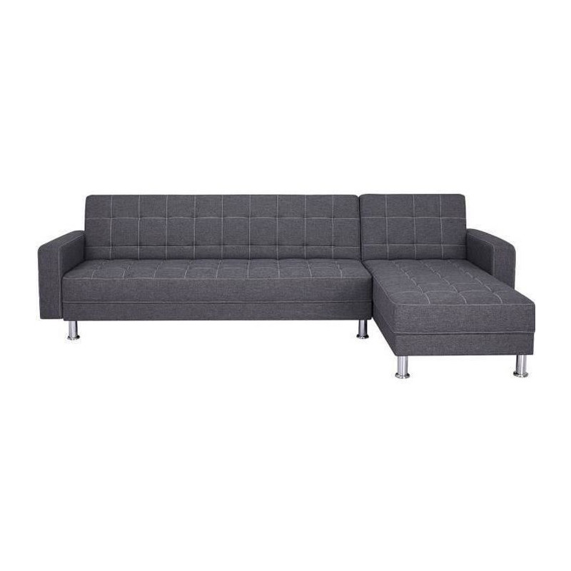 Canapé d'angle convertible 3 places réversible - Tissu gris foncé avec coutures blanches - Pieds acier - L277xP157xH80 cm - I