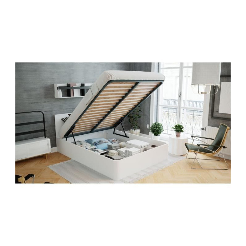 Izan Lit coffre adulte - 160x200 cm - Mélaminé Blanc - Sommier inclus