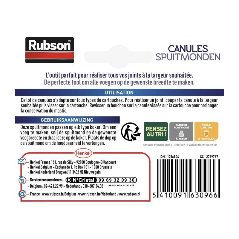 Produits de Service Easy Service Canules - RUBSON - Cartouche - Lot de 5