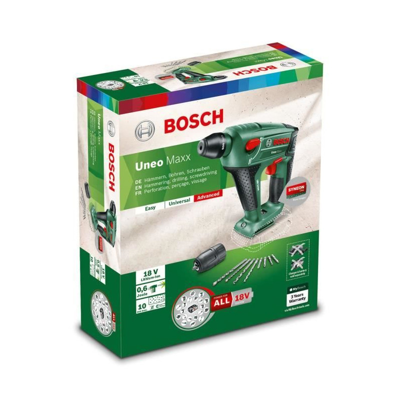 Perforateur sans fil Bosch - Uneo Maxx (Livré sans batterie ni chargeur dans boîte carton + set d'accessoires)