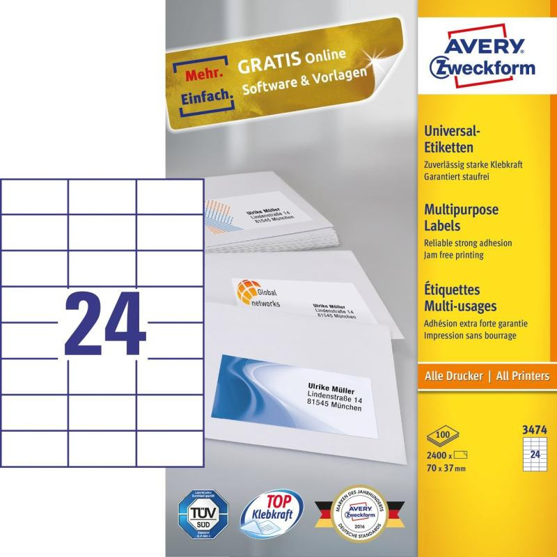 Avery Zweckform Labels Avery 70 x 37mm White (3474)