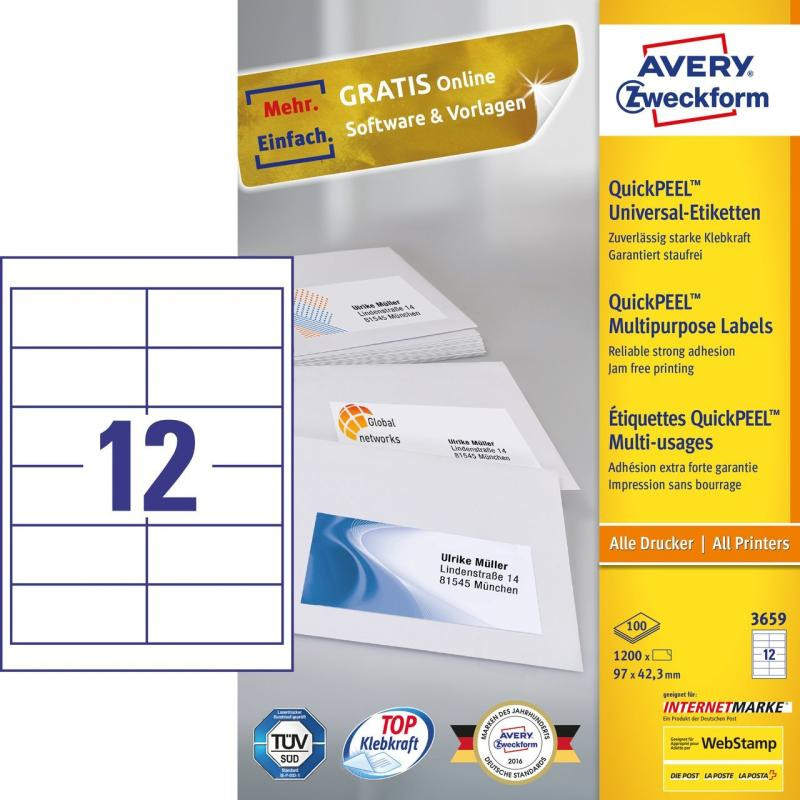 Avery Zweckform, Labels Avery 97 x 42,3mm, A4 (3659)