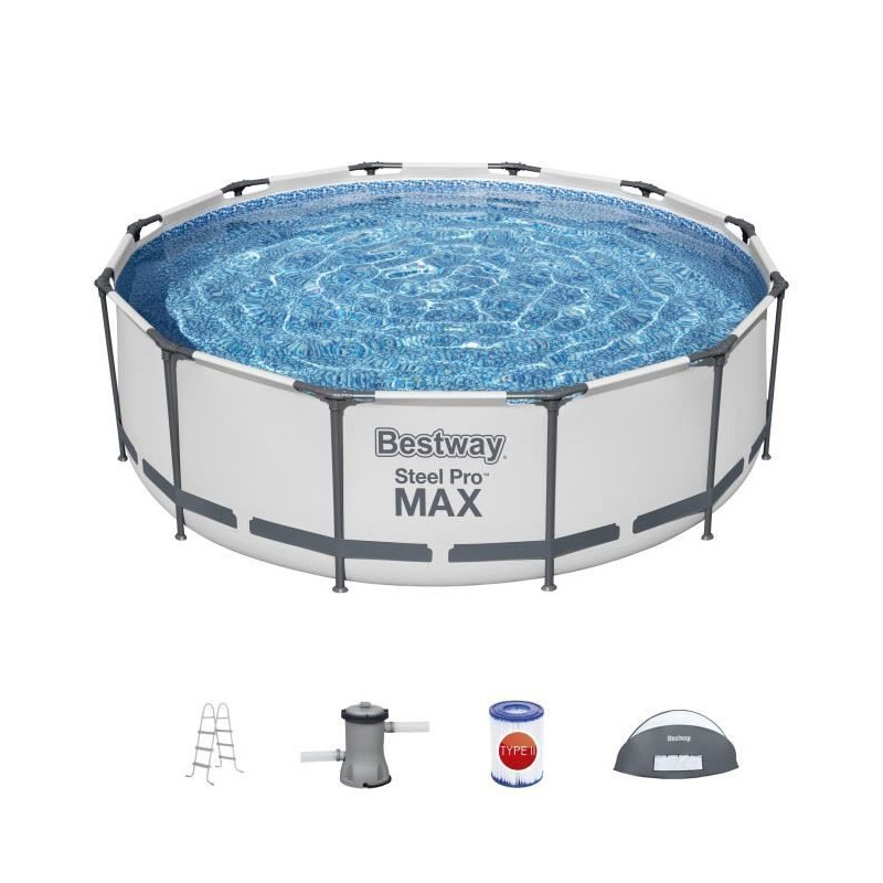 Kit Piscine hors sol tubulaire BESTWAY - Steel Pro Max™ - 366 cm x 100 - Ronde (Pompe de filtration, échelle, auvent)