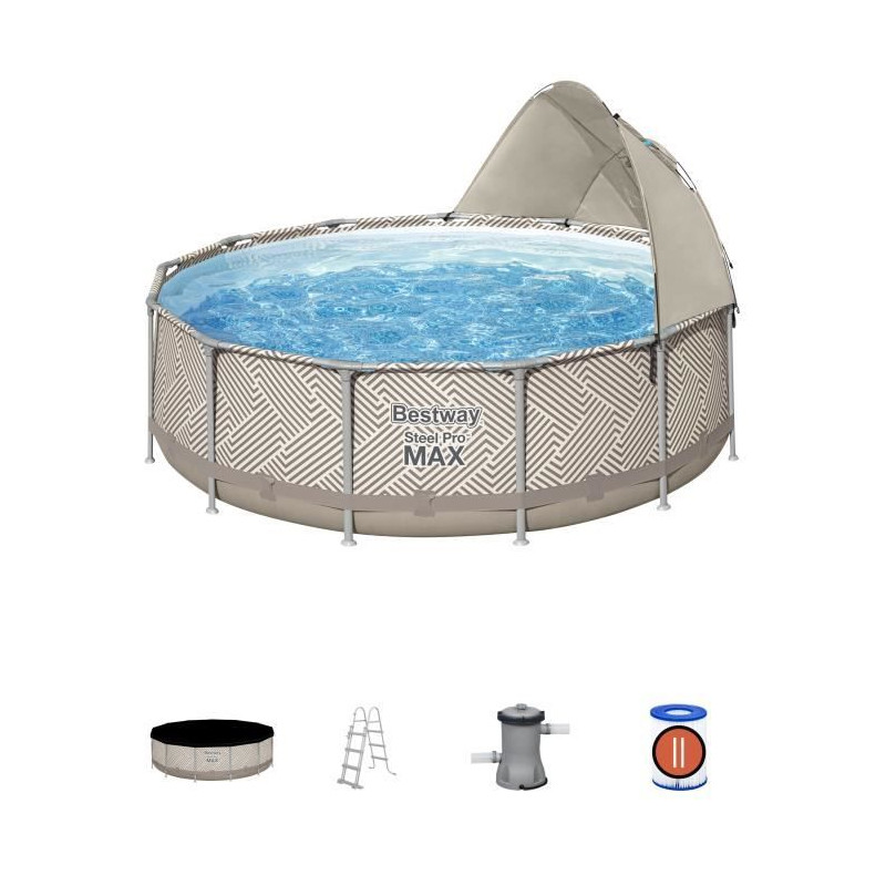 Kit Piscine hors sol tubulaire BESTWAY Steel Pro Max™ 396 x 107 cm - Ronde (Avec filtre a cartouche, auvent, bâche, échelle)