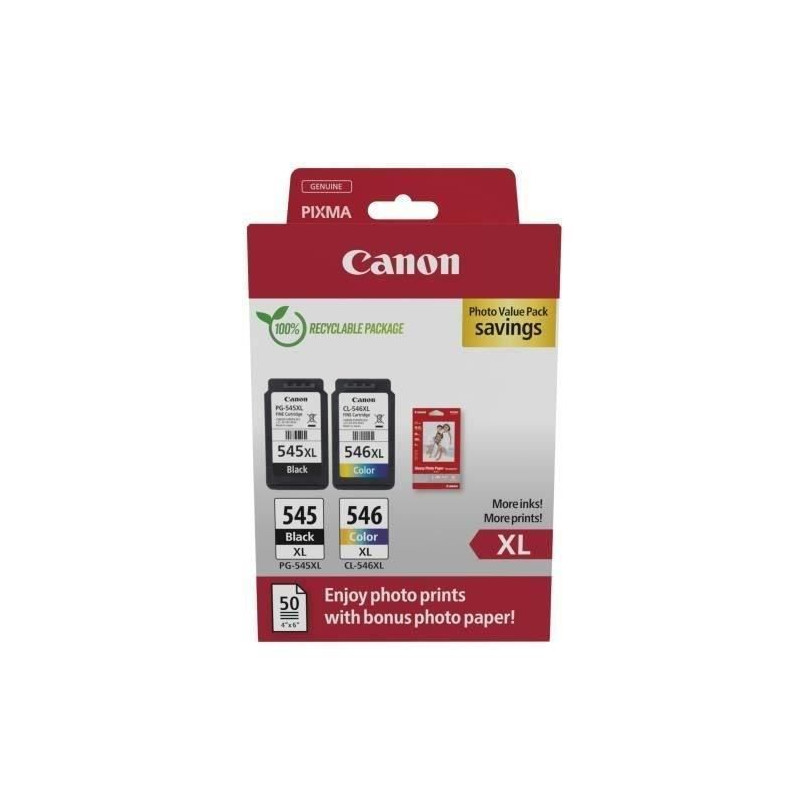 Pack de 2 cartouches d'encre + pack papiers photo - CANON - PG-545XL Noir + CL-546XL Couleur - Haut rendement