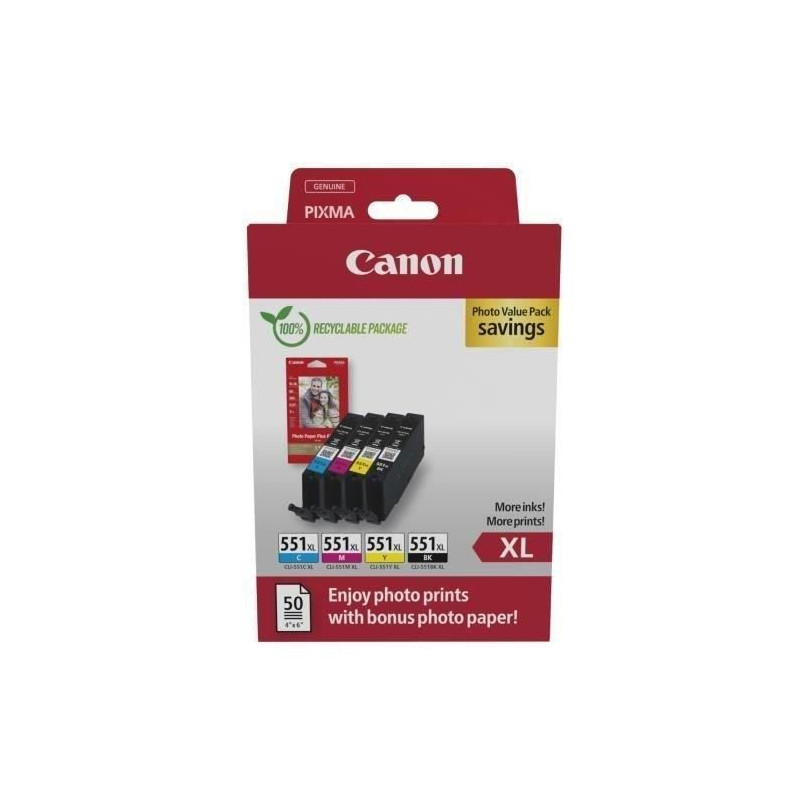 Multipack cartouches d'encre + pack papiers photo - CANON - CLI-551XL Noir/Cyan/Magenta/Jaune - Haut rendement