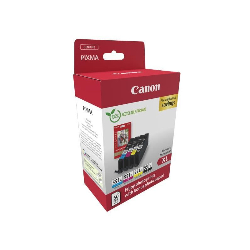 Multipack cartouches d'encre + pack papiers photo - CANON - CLI-551XL Noir/Cyan/Magenta/Jaune - Haut rendement