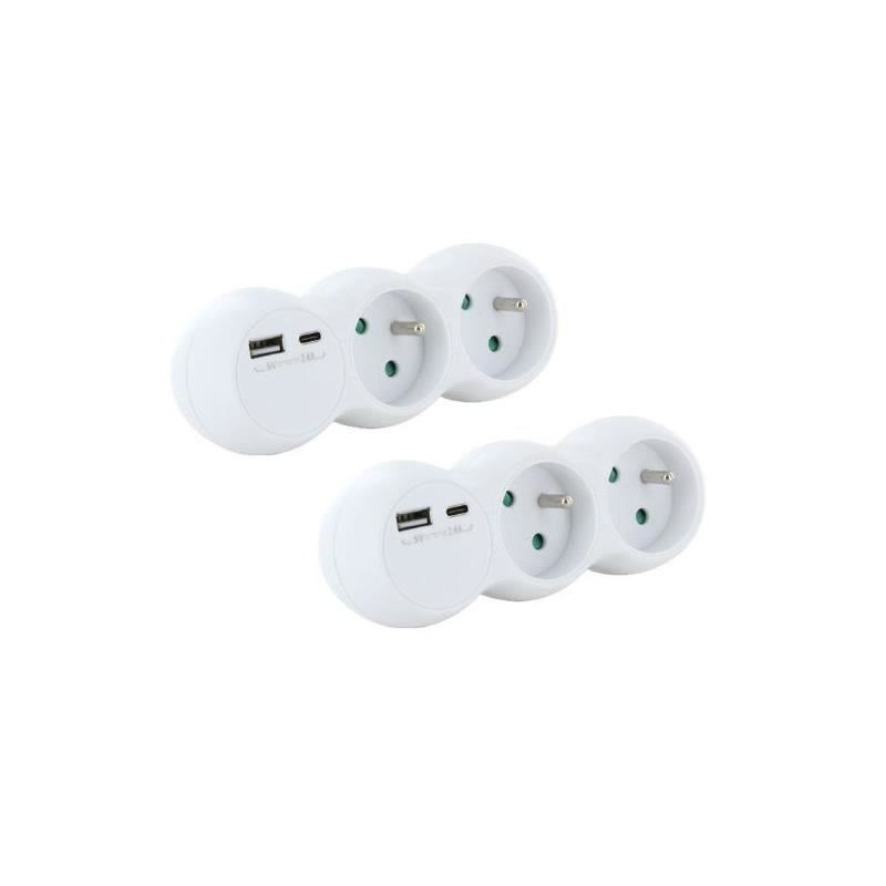 Lot 2 domino CHACON - 47002 - 2x16A avec USB-A +USB-C - Blanc (FR)