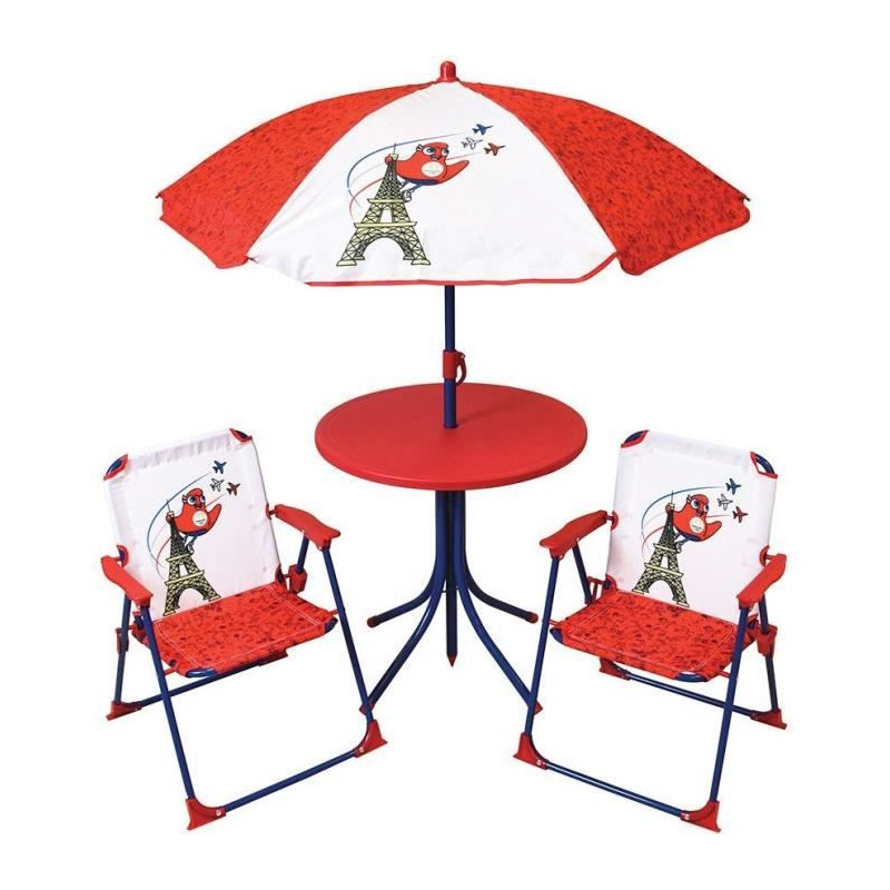 Mobilier de jardin - FUN HOUSE - Salon de jardin Jeux Olympiques Paris 2024 Table 46 x 46 cm 2 chaises pliantes parasol 125 x 10