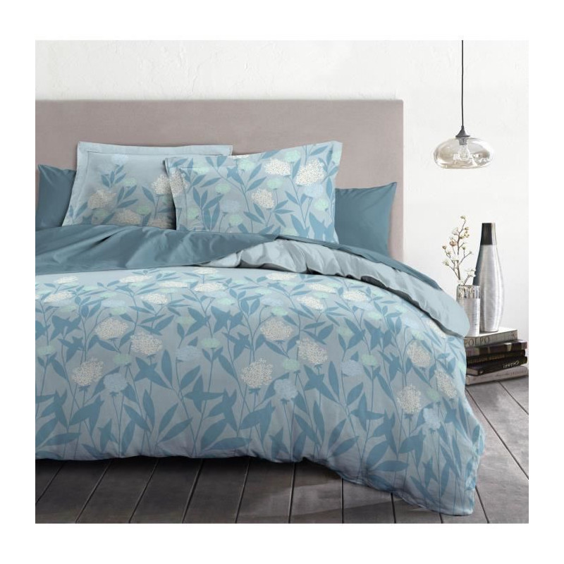 Parure de couette HOME LINGE PASSION Tempete Florale - 3 Pcs - 220 x 240 - 100% Coton 57 Fils - Bleu