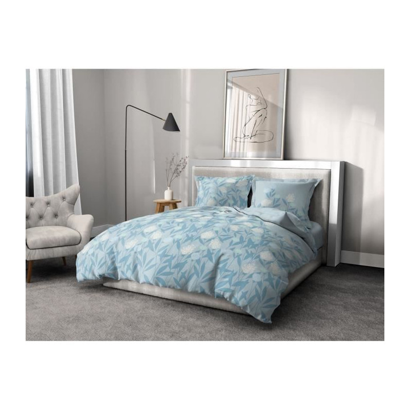 Parure de couette HOME LINGE PASSION Tempete Florale - 3 Pcs - 220 x 240 - 100% Coton 57 Fils - Bleu