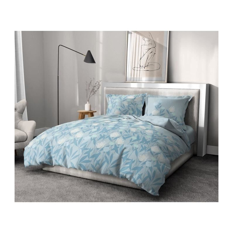 Parure de couette HOME LINGE PASSION Tempete Florale - 3 Pcs - 240 x 260 - 100% Coton 57 Fils - Bleu