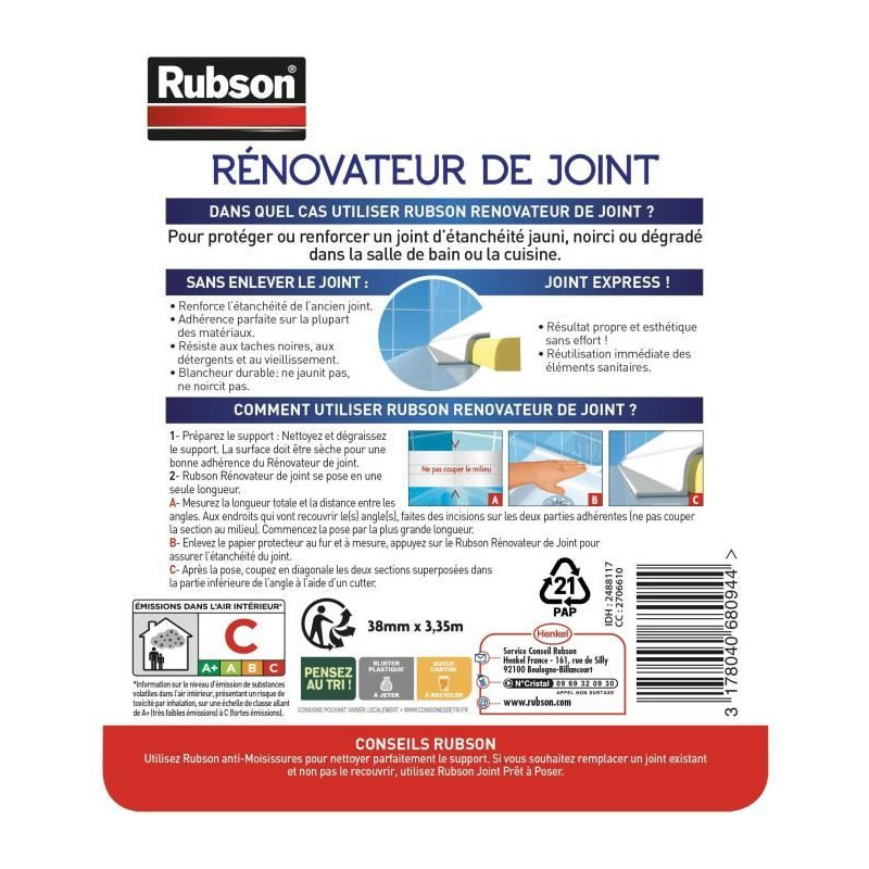 Produits de Service SDB Saine Rénov'Joint - RUBSON - Rouleau - 38mmx3.35m