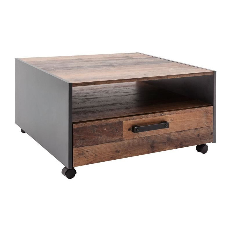 Table basse carré - Panneaux de particules - Décor bois vieilli et gris - Double plateau -1 Tiroir - L70 x P70 x H40 cm