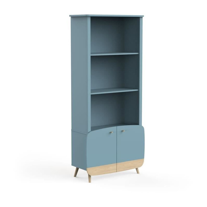 Bibliotheque 2t / 2p FIRMIANA - style scandinave - coloris : bleu orage & bois naturel - 77.4 x 36.6 x 177 cm - DEMEYERE