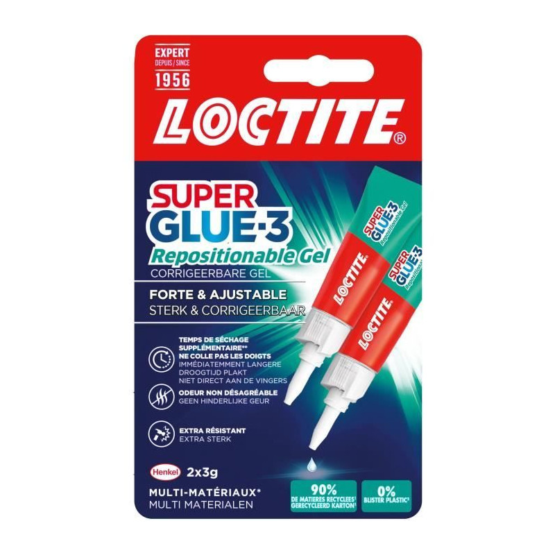 Colles Cyanoacrylates - LOCTITE - SUPERGLUE-3 - Repositionable - Gel 3g - Lot de 2 Blister - Carton 12uc