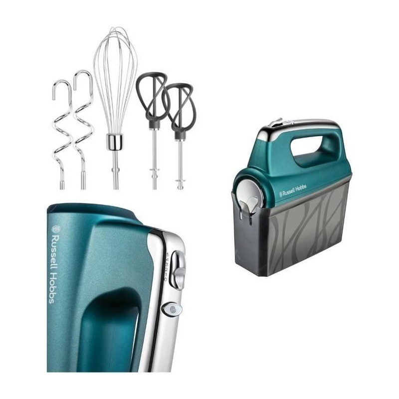 Russell Hobbs 25891-56 Batteur Mixeur Swirl, 5 Vitesses, Fonction Turbo, 1 Paire de Batteurs Hélice, Pétrin, Fouets - Turquois