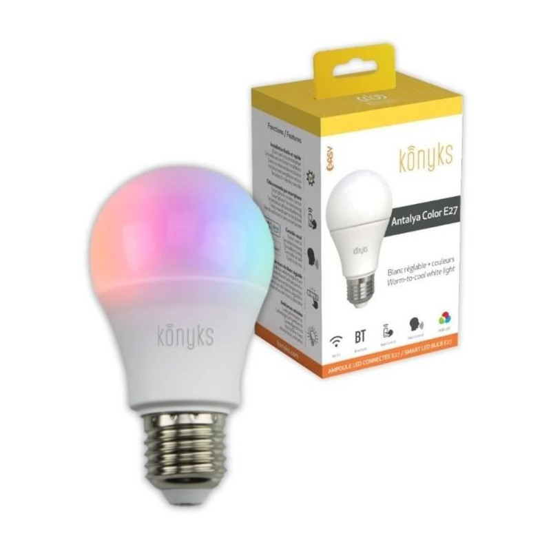 Ampoule Wifi - KONYKS - Antalya Color E27 - LED Wifi + Bt - 1055 Lumens - 11 W - Couleurs + Blanc - Compatible Alexa / Google Ho