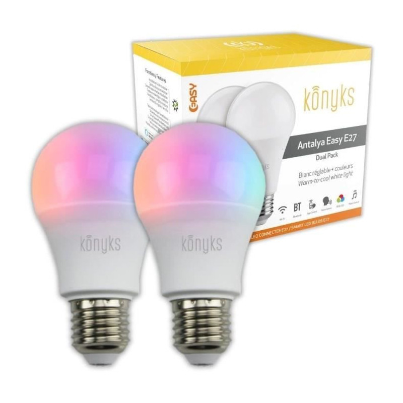 2 Ampoules LED - KONYKS - Antalya Easy E27 Dual Pack - Wifi + Bt - 11 W - Couleurs + Blanc - Compatible Alexa / Google Home