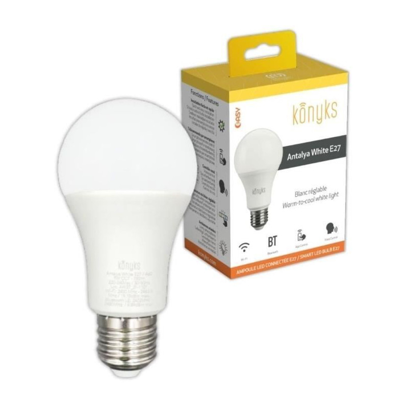 Ampoule connectée - KONYKS - Antalya White E27 - LED Wifi + Bt - 780 Lumens - 9 W - Blanc réglable - Compatible Alexa / Google