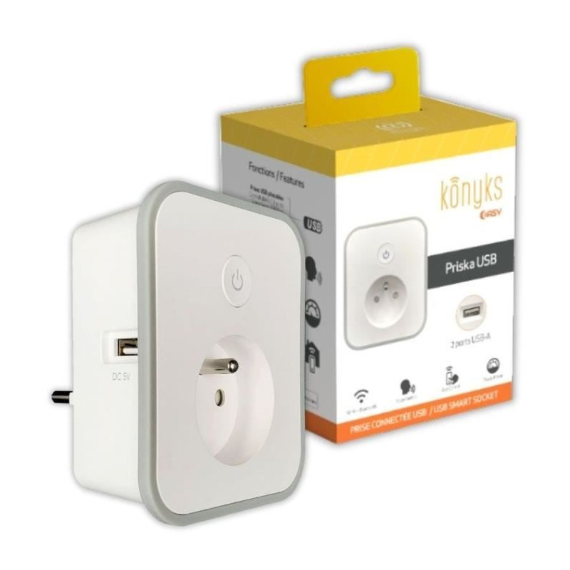 Prise connectée - KONYKS - Priska - USB FR - Wifi + Bt - 16 A avec 2 prises USB-A - Compteur conso - Compatible Alexa / Google