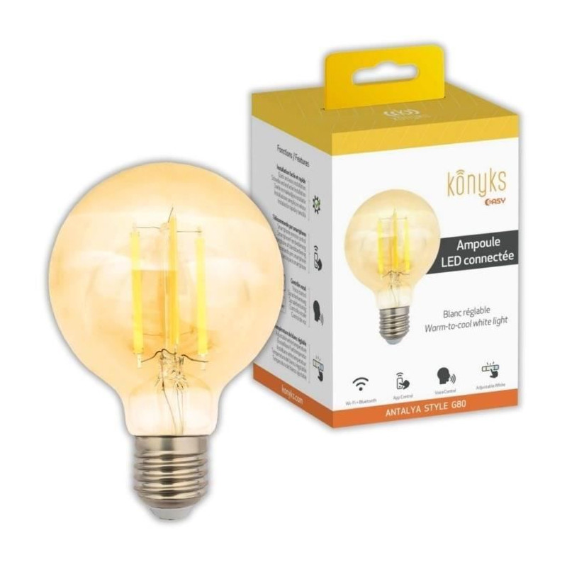 Ampoule connectée - KONYKS - Antalya style G80 ampoule E27 - Wifi + Bt - 7 W - Blanc réglable - Compatible Alexa / Google Home