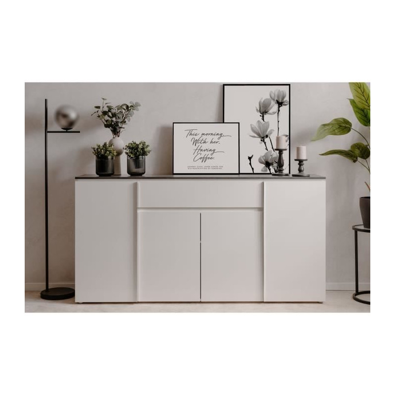 Buffet Brest - Décor Matera / blanc brillant - Panneaux de particules - 4 portes - 1 étagere - 1 tiroir - 177,5 x 92 x 40 -