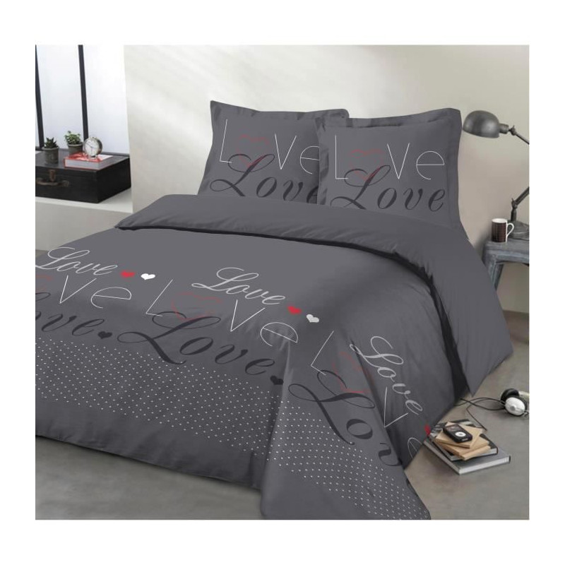 VISION Parure de couette Love - 100% coton - 1 housse de couette 240 x 260 cm + 2 taies d'oreiller 65 x 65 cm - Gris anthracite