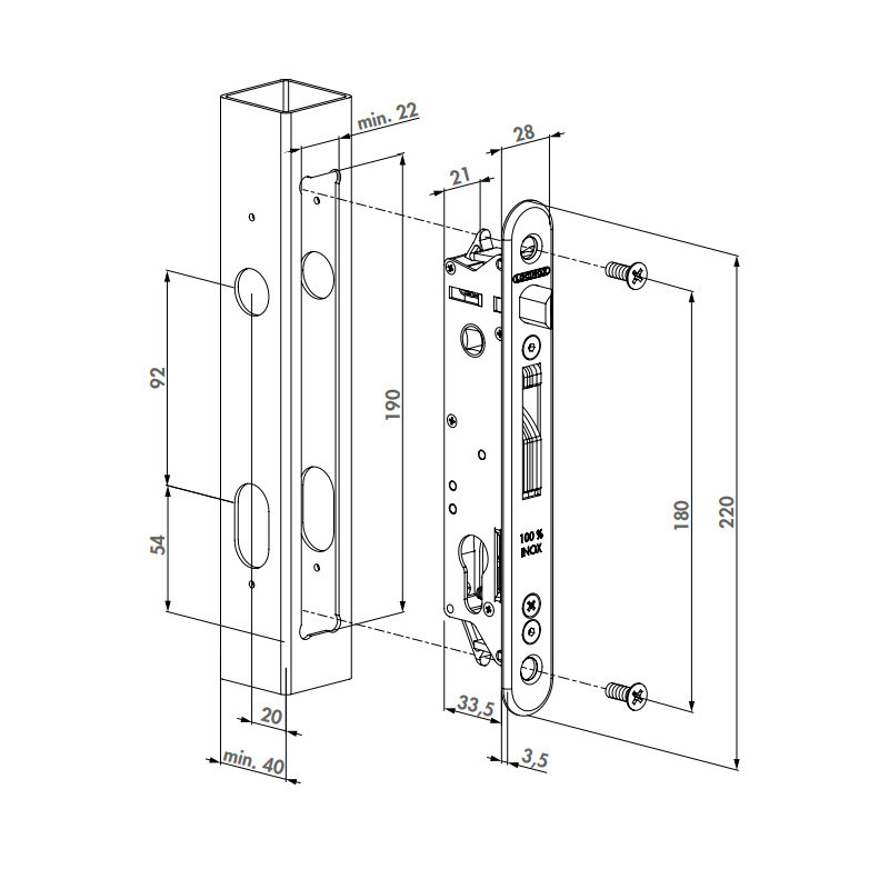 Serrure à encastrer FORTYLOCK tout en inox 20mm pour profil 40mm LOCINOX P00007978