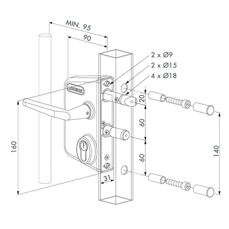 Serrure applique pour portail LAKQ30U2L pour profil de 30 à 50mm LOCINOX LAKQ30U2LZILVVSZMZM