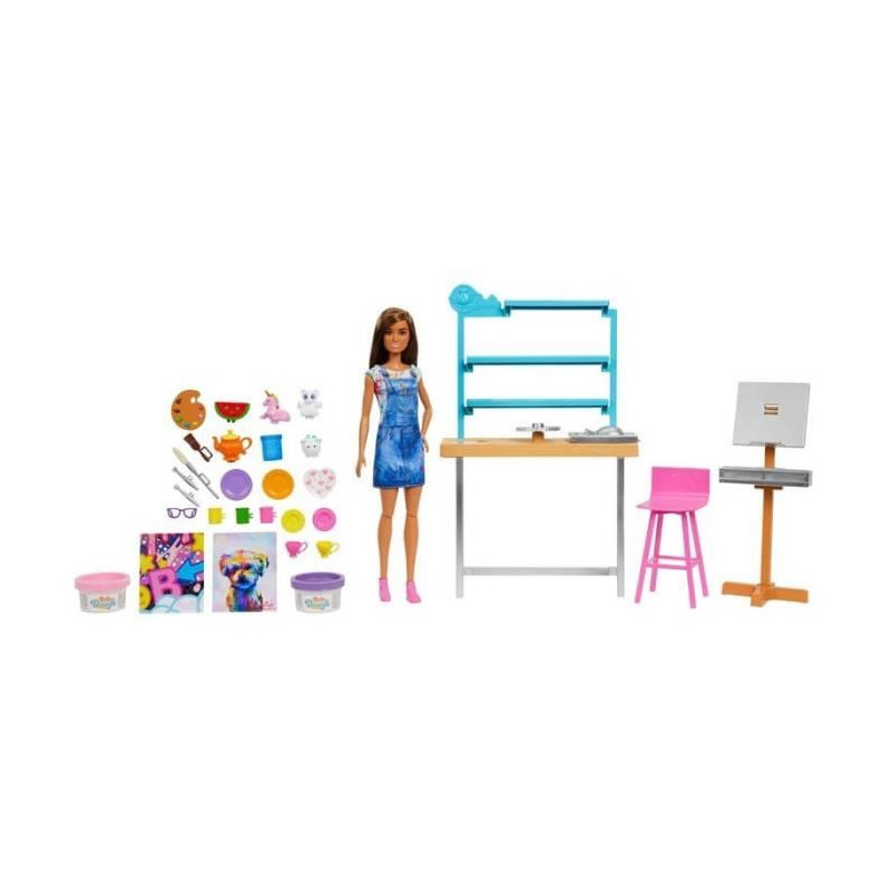 Barbie Bien-etre Coffret Atelier d'art créer et se détendre, avec poupée, pâte a Modeler et Accessoires, HCM85