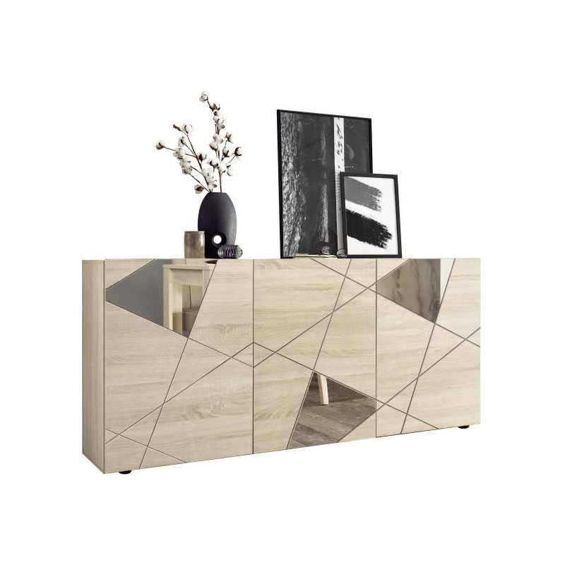 Buffet VICTORY - Décor Chene Sonoma - 3 Portes - Miroir - L 181 x P 42 x H 84 cm