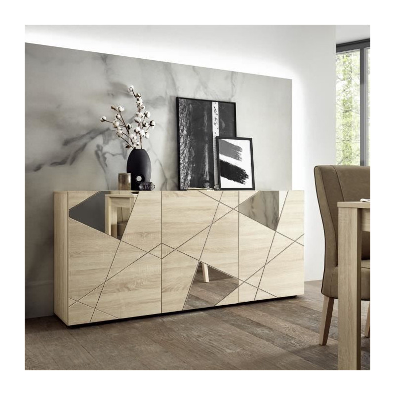 Buffet VICTORY - Décor Chene Sonoma - 3 Portes - Miroir - L 181 x P 42 x H 84 cm