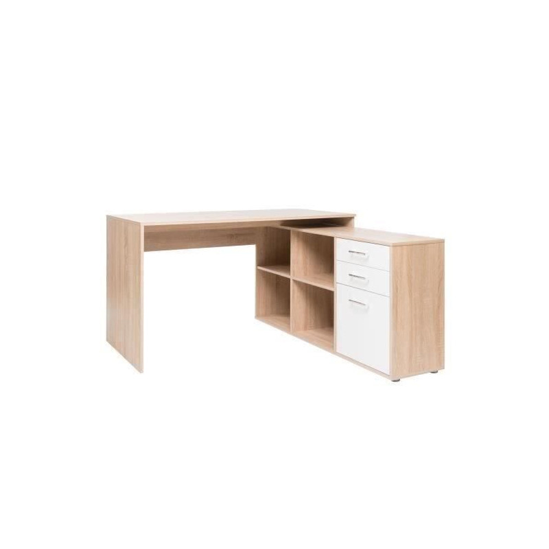 LONDON Bureau d'angle classique décor chene sonoma et blanc brillant - L 136 cm