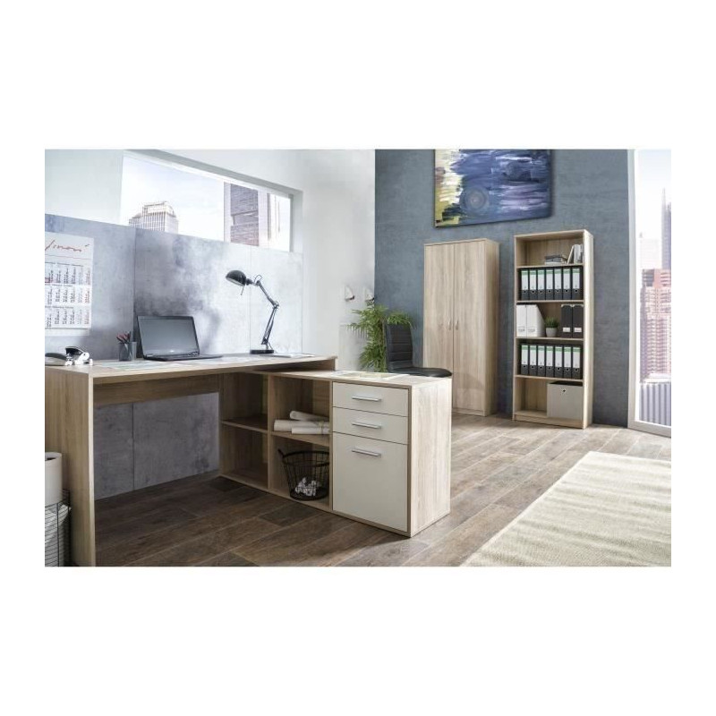 LONDON Bureau d'angle classique décor chene sonoma et blanc brillant - L 136 cm